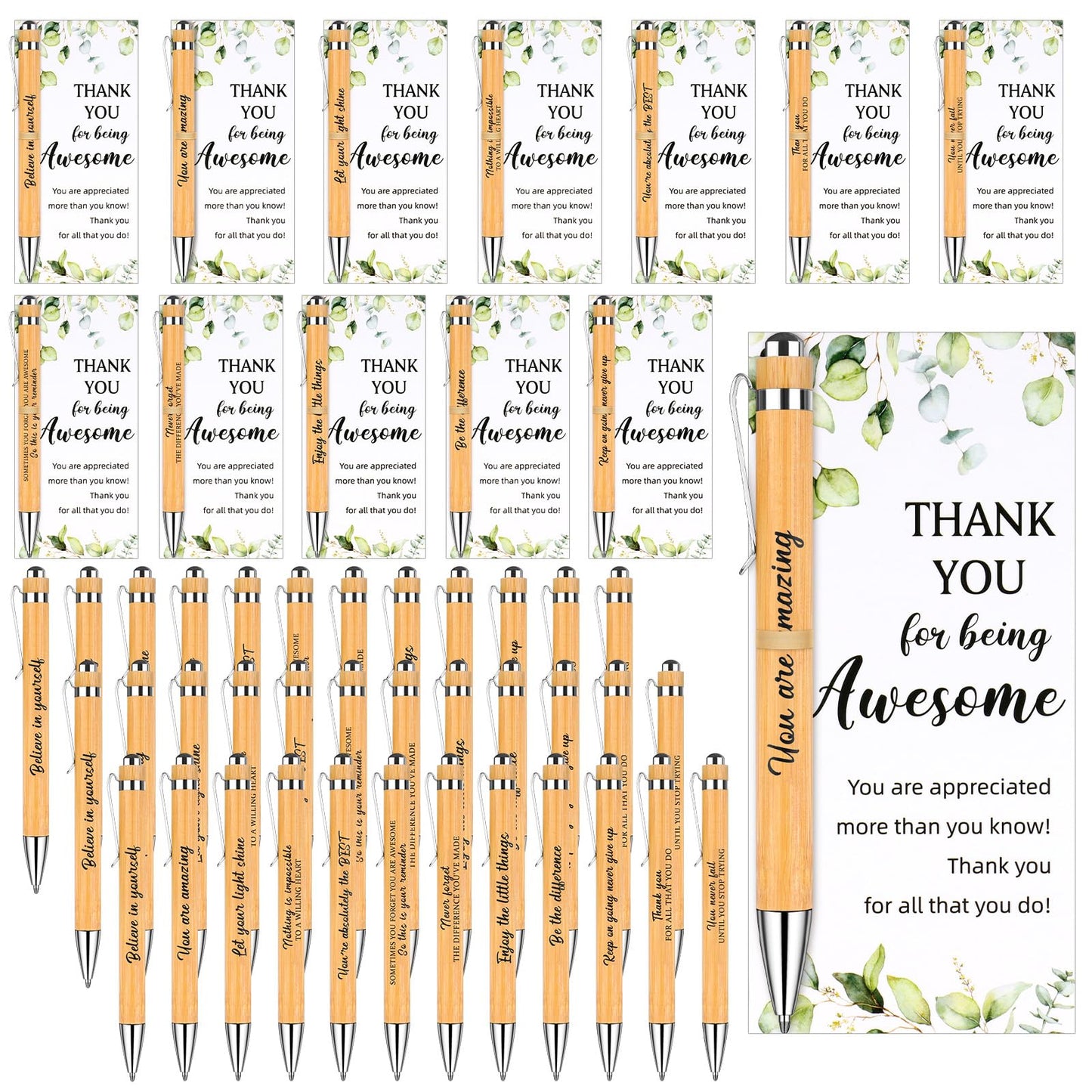 36 Set Employee Appreciation Gifts Thank You Wood Bamboo Pens with Thank You Bookmark Cards Motivational Quote Pen Inspirational Cards for Teacher Coworker Volunteer Nurse Office School Party Supplies