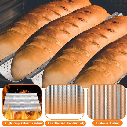 XUANZHI French Bread Baking Pan with Professional Proofing Cloth, 4 Loaves Baguette Bread Pan Long Sourdough Bread Baking Tray Perforated French Bread Pan for Professional Home,Bread Scraper