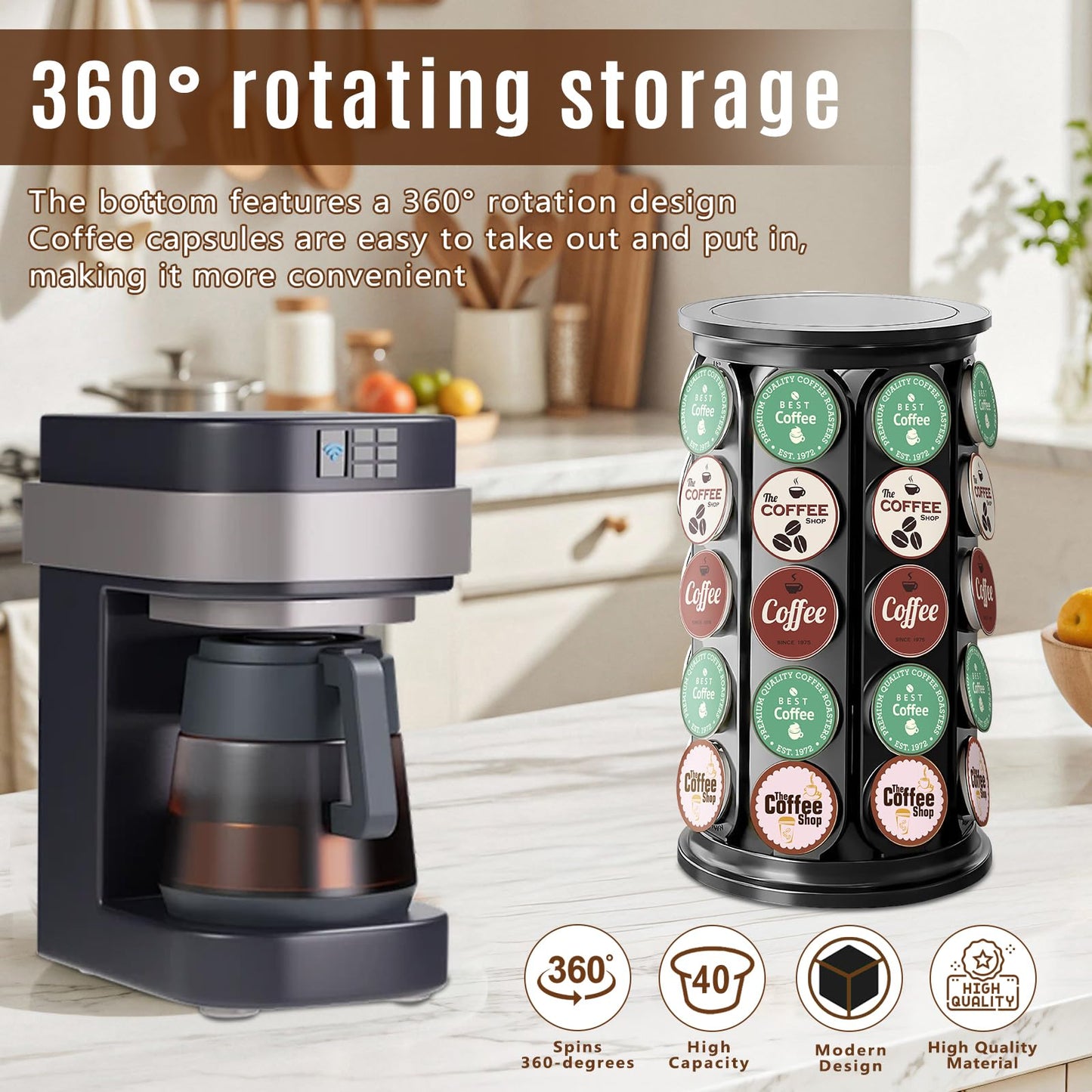 TOMSHUB K Cup Holder，Coffee Pod Storage Carousel Holder Organizer Compatible with 40 Keurig K-Cup Pods，Home or Office Kitchen Counter Organizer
