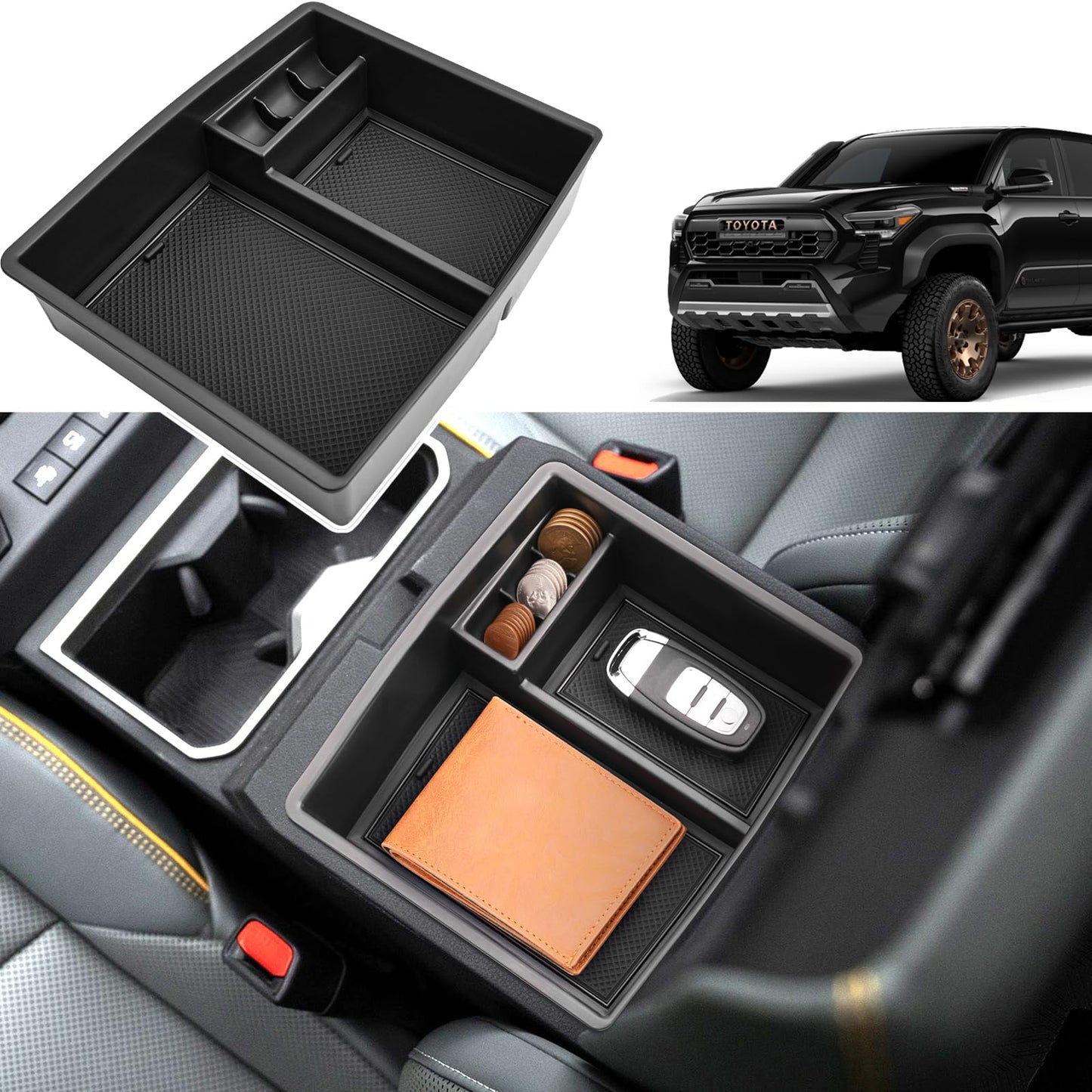 Coleya 2024 2025 2026 Tacoma Accessories Center Console Organizer for Toyota Tacoma (SR5/TRD Off-Road/TRD Sport/TRD Pro/Limited/Trailhunter) Durable ABS Plastic 2025 Tacoma Console Tray Insert (Black)