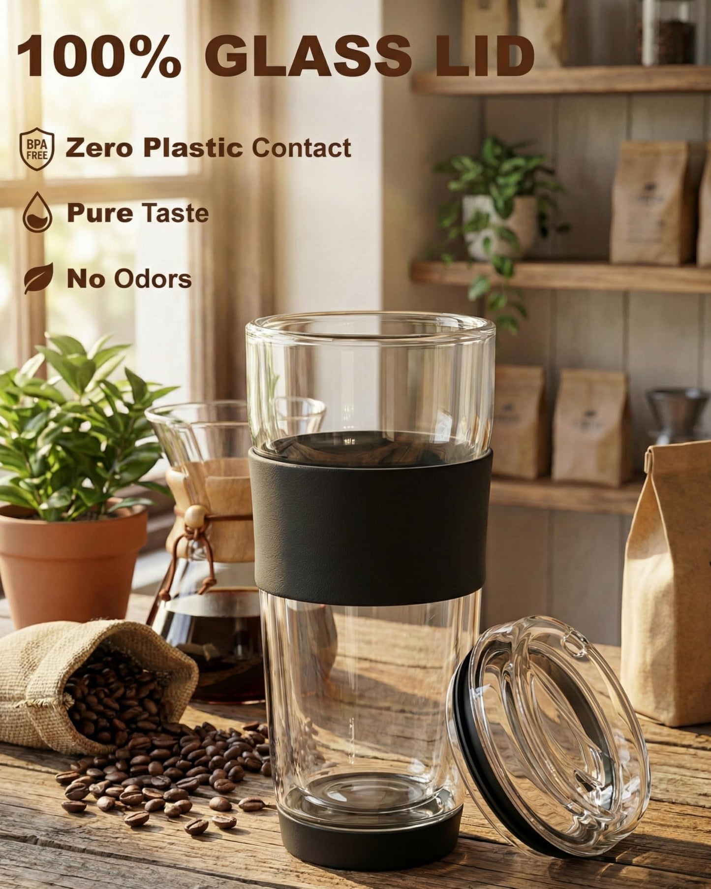 400ml Glass Travel Mug with Full Glass Lid - Double Wall Insulated Coffee Cup - Non-Slip Silicone Sleeve for Car, Commute - Reusable Tea Tumbler (Plastic-Free)