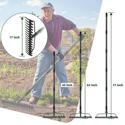 63'' Bow Rake ，17 Tines Metal Head Rakes with Stainless Steel Handle，Heavy Duty Garden Rake for Loosening Soil Gathering Leaf Leveling Lawn Farming Land Management Yarn Thatch Rake