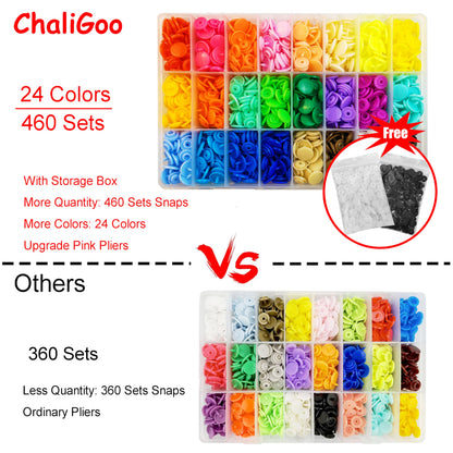 ChaliGoo 460 Sets T5 Plastic Snap Fasteners with Upgraded Pink Pliers, 24 Colors Snap Buttons Press Studs, Poppers Fasteners Kit for Sewing, Crafting - 12mm