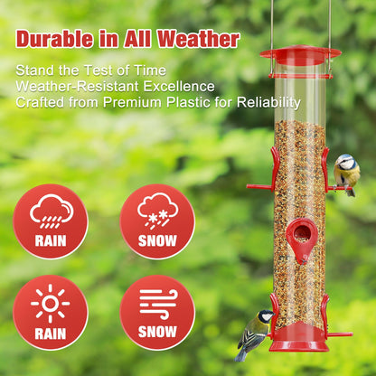 Bird Feeder Hanging Classic Tube Hanging Feeders with 6 Feeding Ports Premium Hard Plastic with Steel Hanger Weatherproof and Water Resistant Great for Attracting Birds Outdoors Garden Red 2Packs