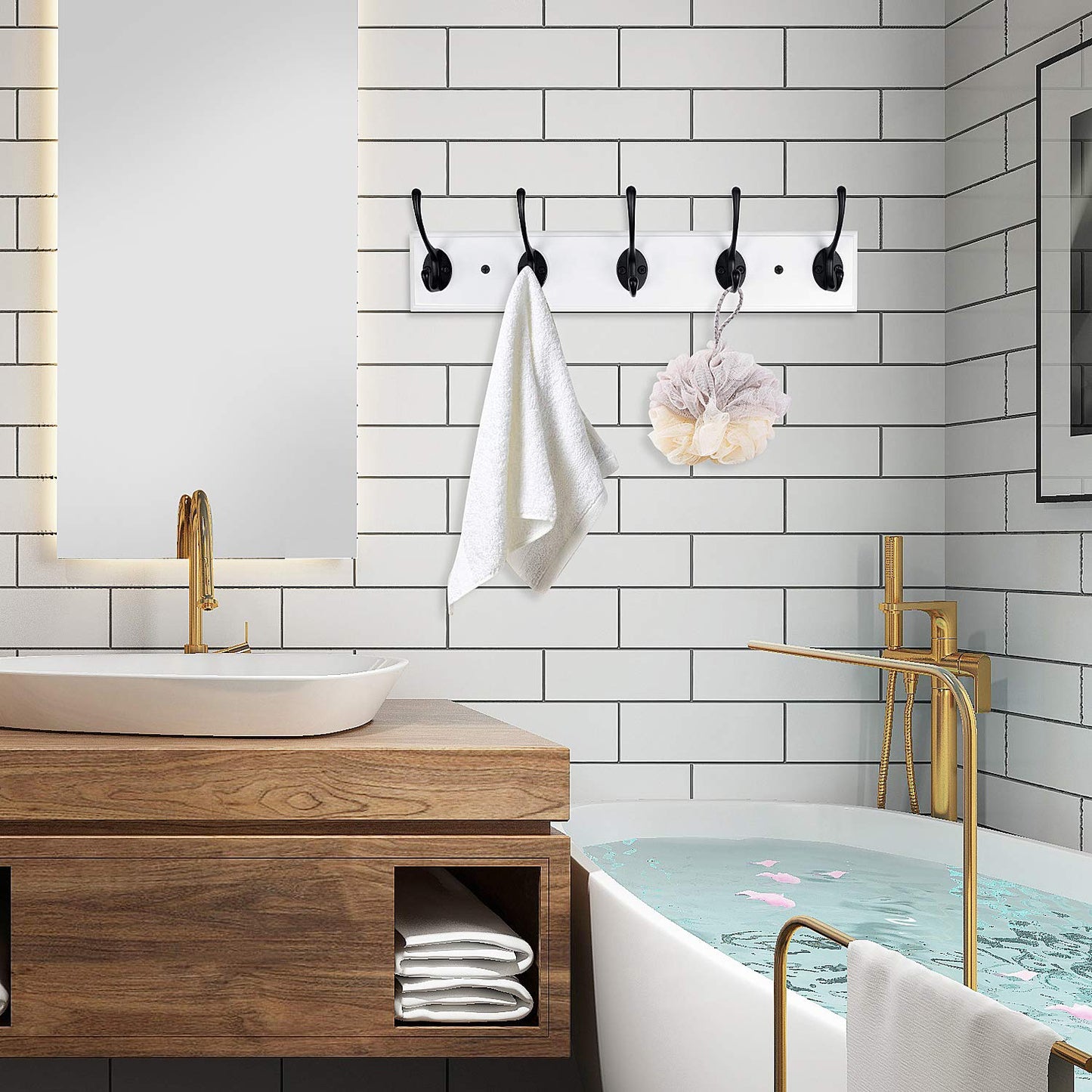 RUTAI Wall Mounted Coat Rack,Bamboo 17 inch Wall Hanging Shelf with 5 Black Dual Hooks for Hallway,Bathroom,Living Room,Bedroom,2 Pack,White