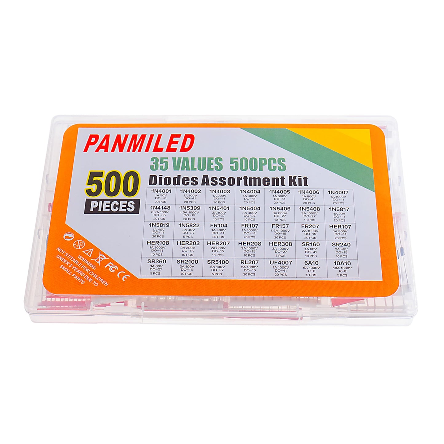 35 Values 500 Pcs Rectifier Schottky Diode Kit 1N4001 1N4002 1N4003 1N4004 1N4005 1N4006 1N4007 1N4148 1N5401 1N5404 1N5408 1N5817 1N5819 FR107 FR207 HER107 HER207 SR160 SR360 SR2100 SR5100 6A10 10A10