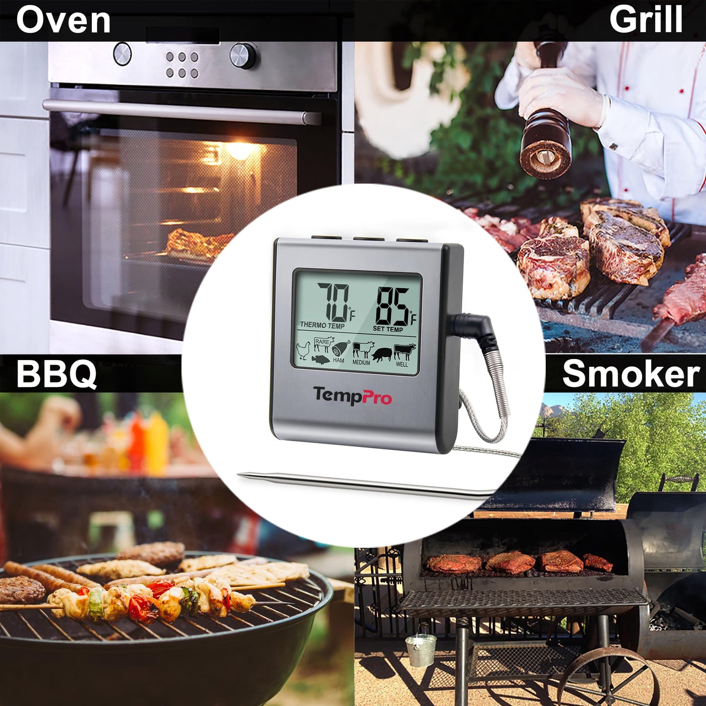 ThermoPro TP-16 Meat Thermometer with Stainless Steel Probe for Indoor Outdoor Use, Digital Cooking Thermometer for Grill, Barbecue, Oven, Smoker, Candy