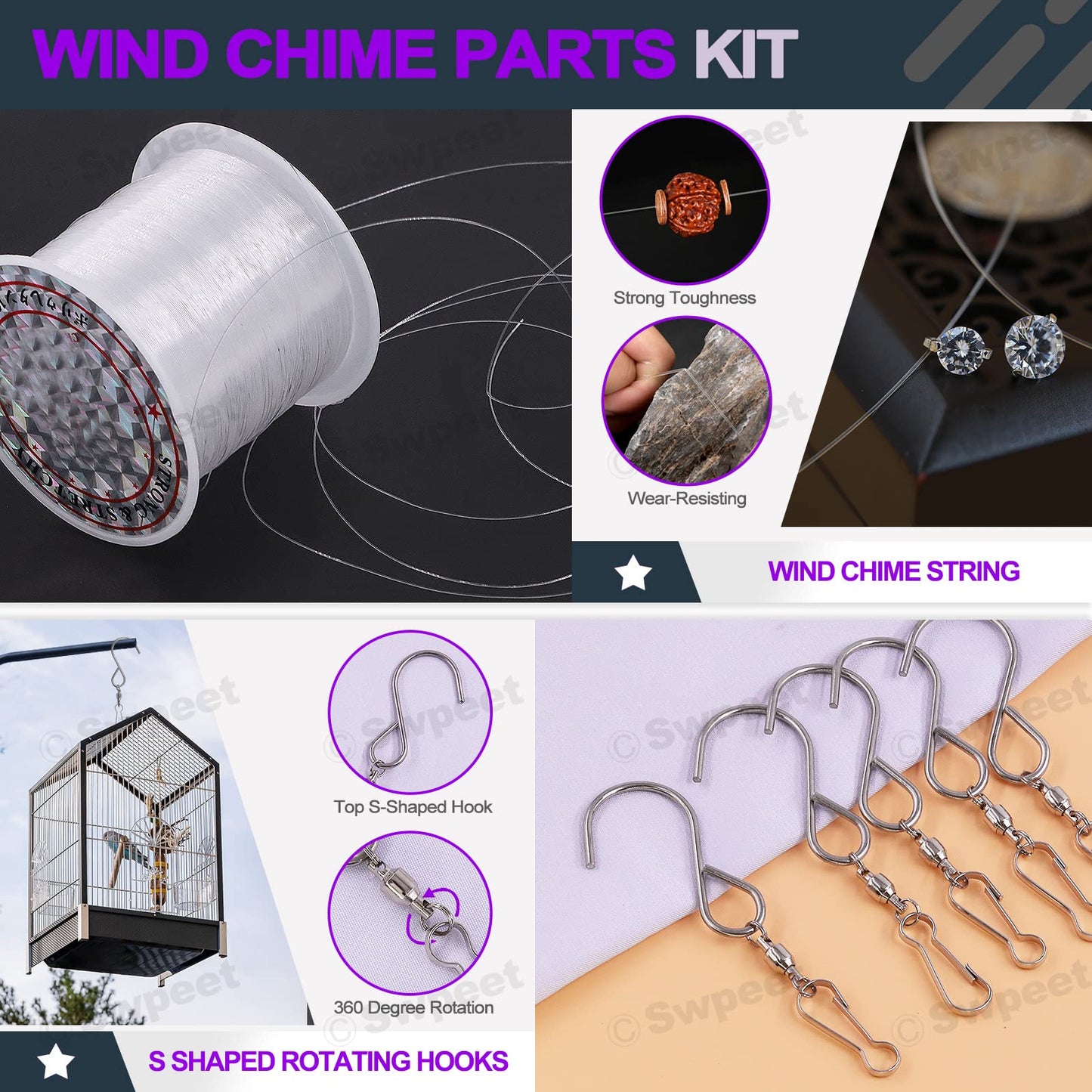 Swpeet 61pc Wind Chime Tubes & Wire Kit with Swivel Hooks, DIY Crafts Hanging Wind Chimes