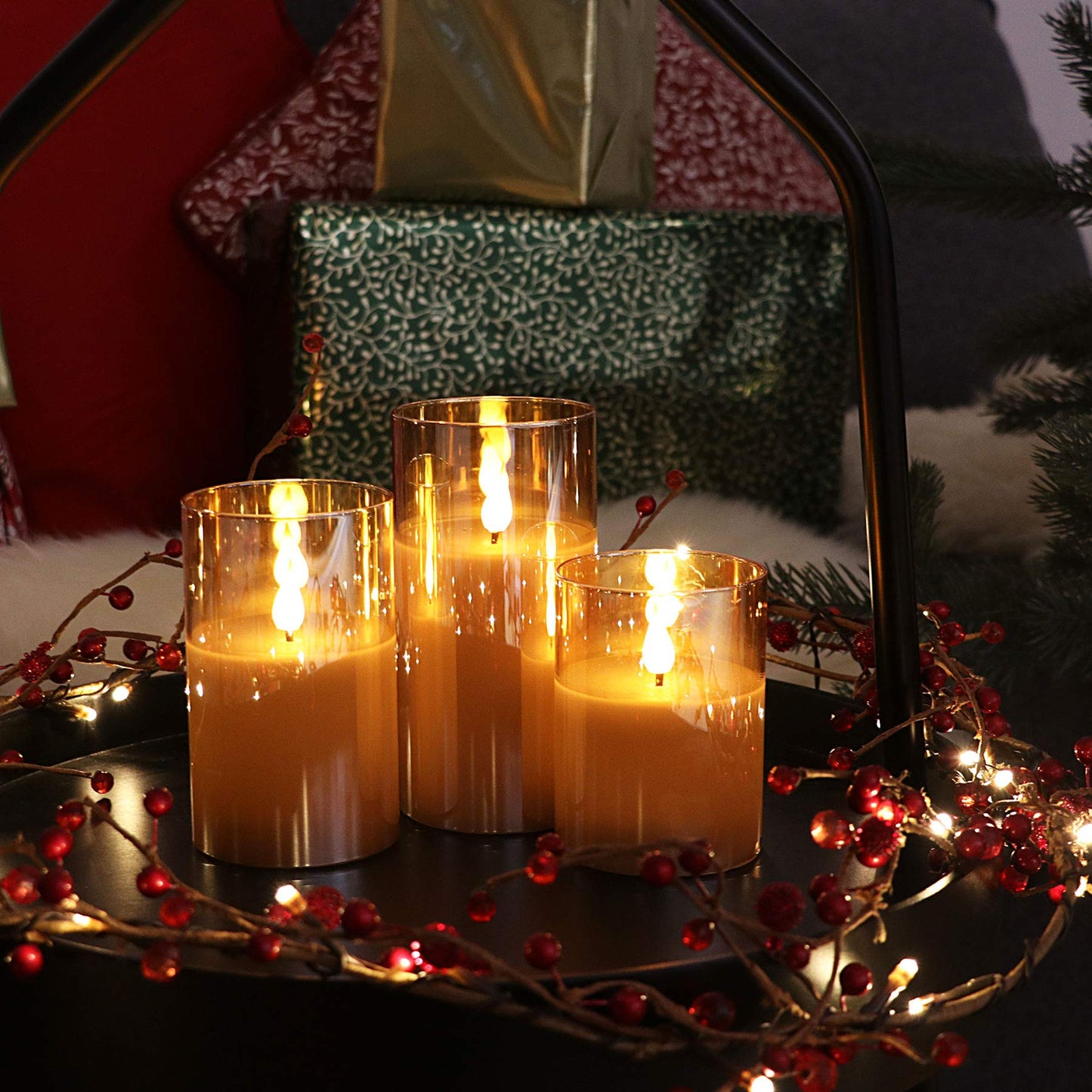 Rhytsing Gold Glass Battery Operated Candles with Remote, Flameless LED Candle Gift Set, Warm White Light, Batteries Included - Set of 3