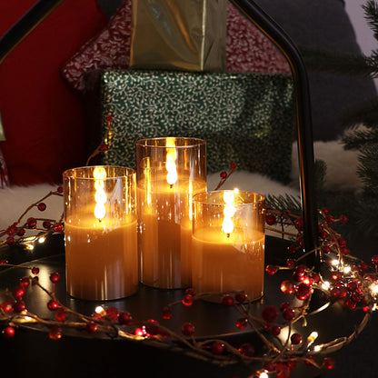 Rhytsing Gold Glass Battery Operated Candles with Remote, Flameless LED Candle Gift Set, Warm White Light, Batteries Included - Set of 3