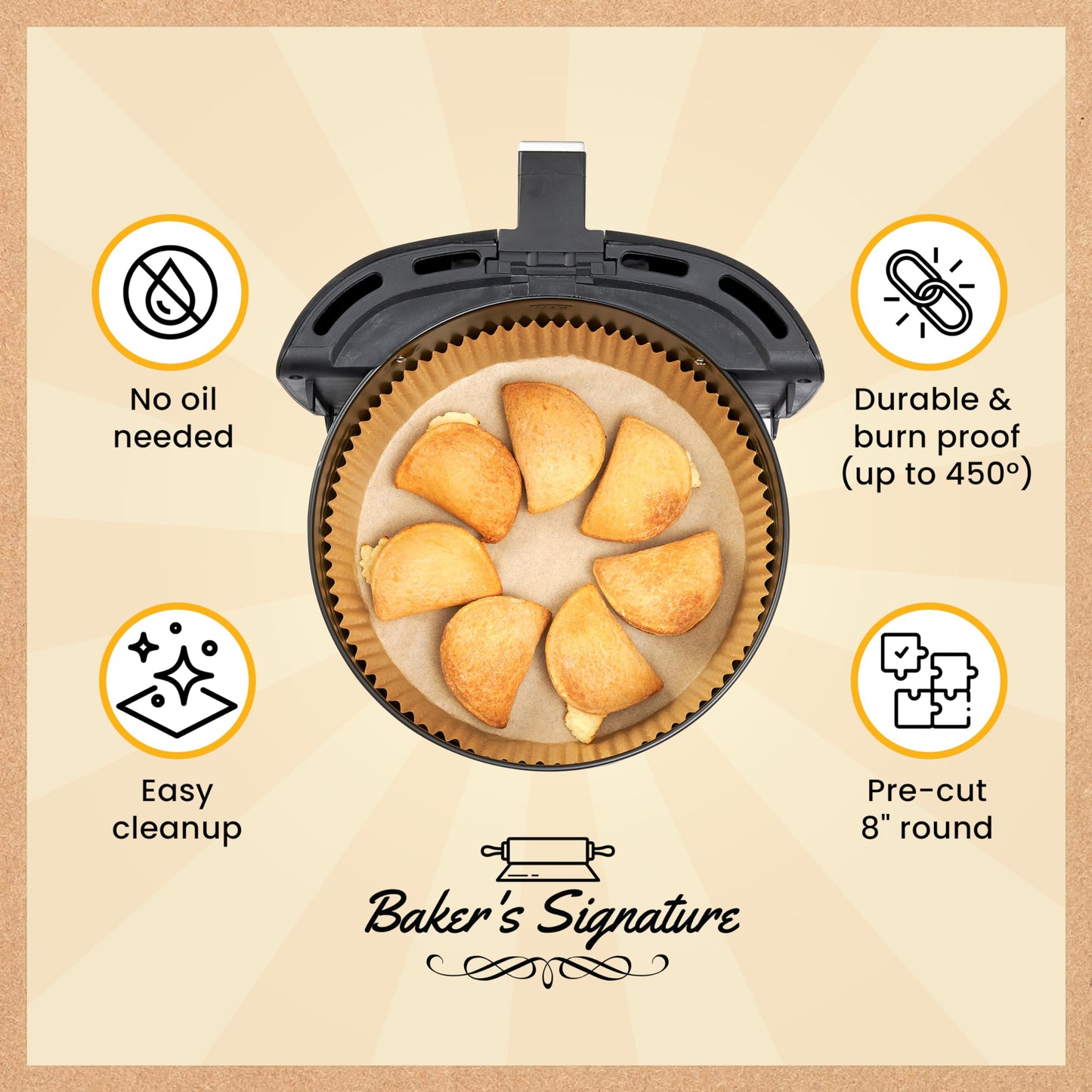 Baker's Signature Air Fryer Parchment Paper Liner, 250 Pcs - Disposable 8" Round Air Fryer Liners Compatible with Up to 5.7 qt Baskets - Unbleached, Non-Stick Paper Liners, Oil Proof for Easy Cleanup