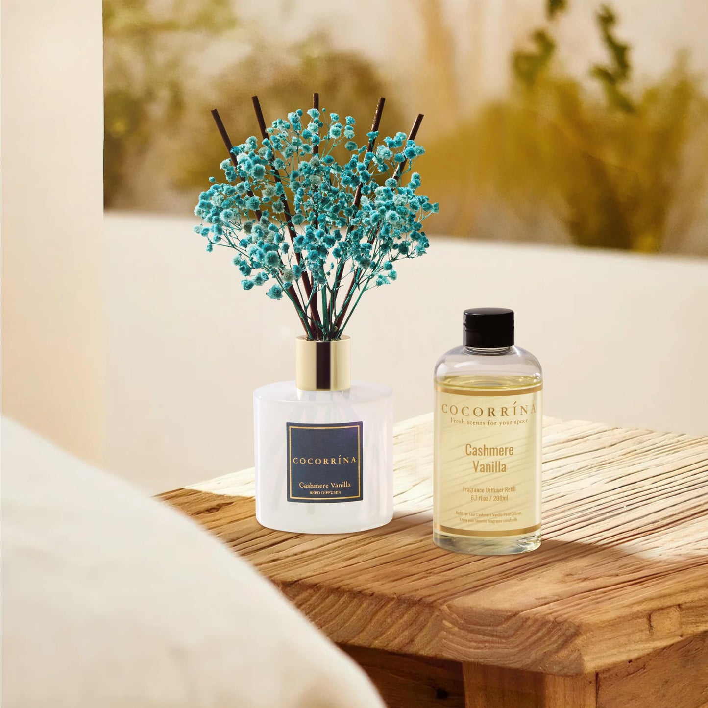 Cocorrína Premium Reed Diffuser Set with Preserved Baby's Breath & Cotton Stick Cashmere Vanilla | 6.7oz Scent Fragrance Oil Diffuser for Bedroom Bathroom Home Décor