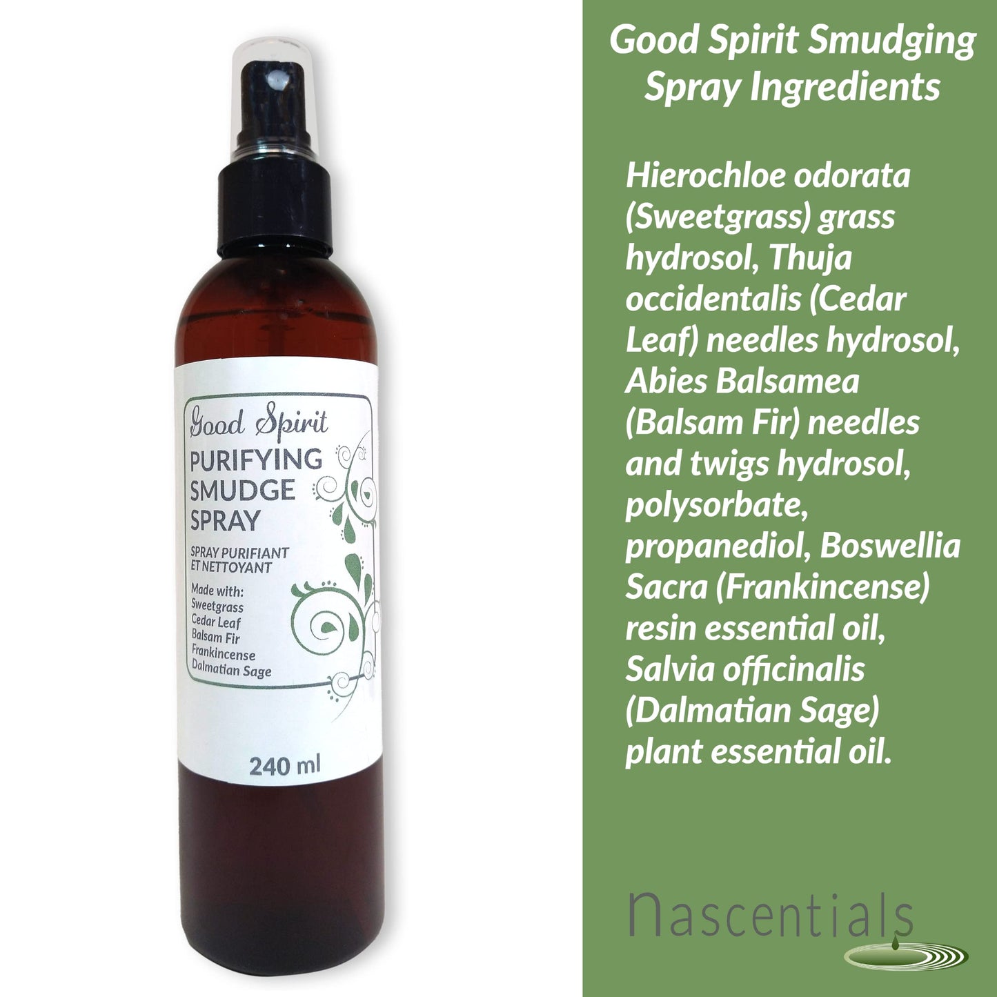 Smudging Spray by Nascentials 240ml | Sweetgrass, Cedar Leaf, Balsam Fir, Frankincense & Dalmatian Sage | Bonus 60ml Travel Size | Spray to Cleanse Spaces and Energy | Made with Pure Essential Oils