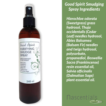 Smudging Spray by Nascentials 240ml | Sweetgrass, Cedar Leaf, Balsam Fir, Frankincense & Dalmatian Sage | Bonus 60ml Travel Size | Spray to Cleanse Spaces and Energy | Made with Pure Essential Oils
