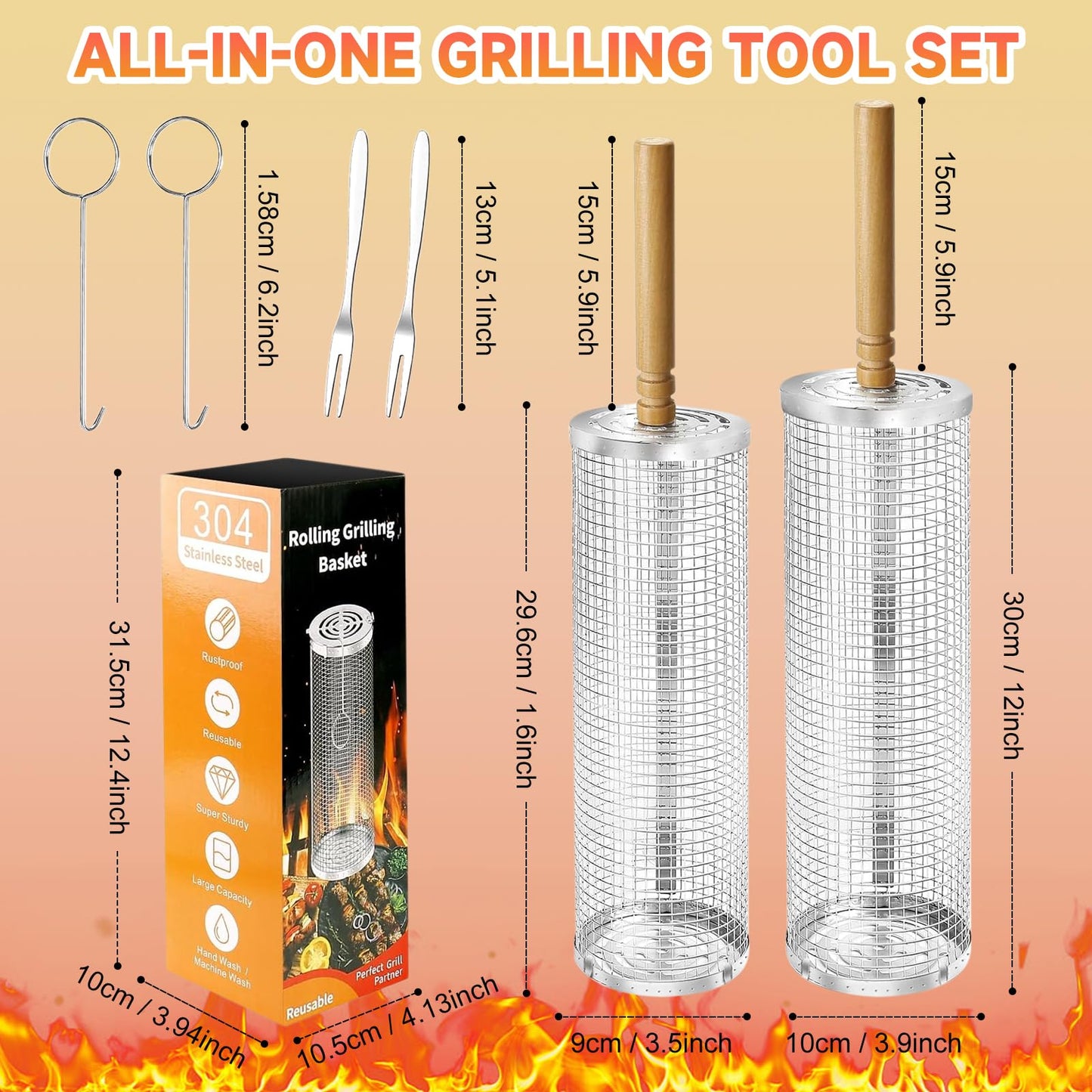 2PCS Rolling Grill Baskets with Removable Wooden Handle,304 Stainless Steel Nesting BBQ Basket for Outdoor Cooking Camping,BBQ Accessories Tools for Vegetables,Seafood & Meat,Gifts for Men Dad Husband