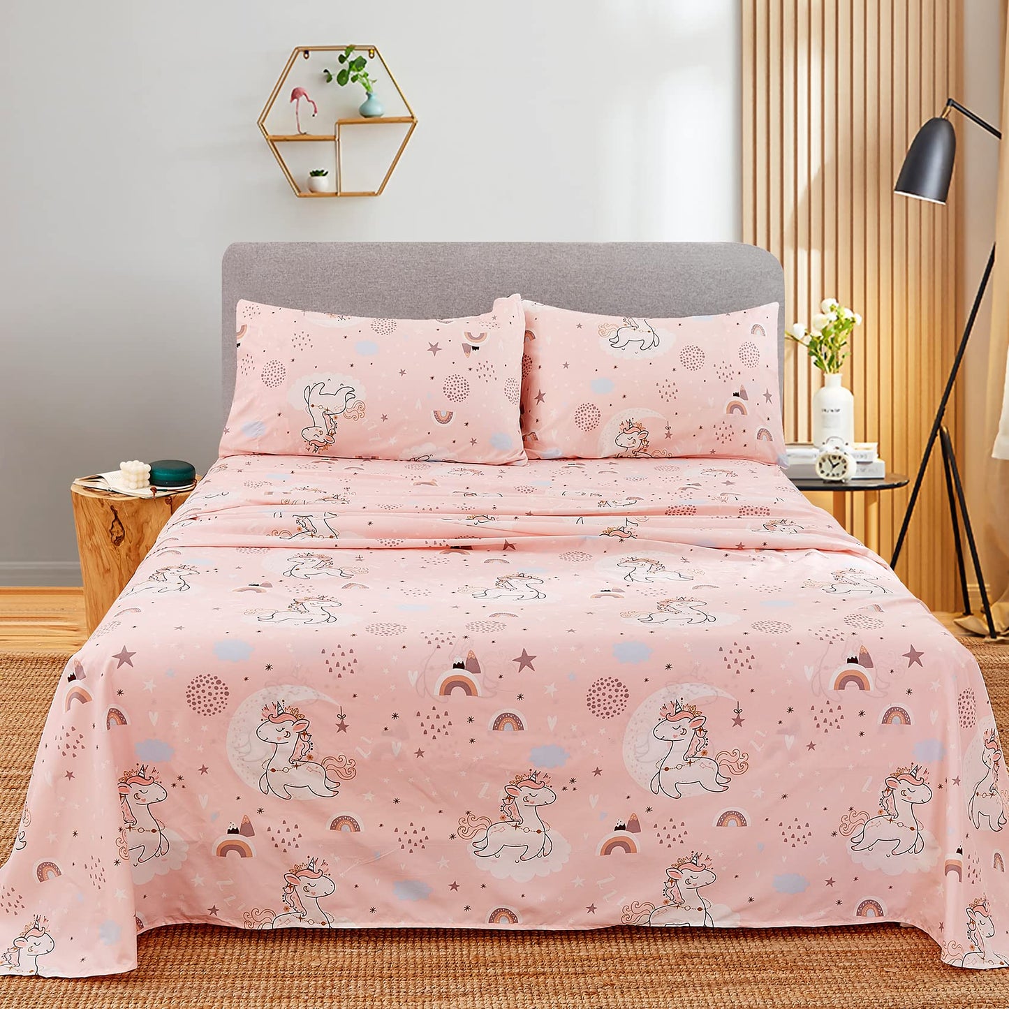 JSD Pink Moon Unicorn Kids Sheet Set Twin 3 Piece, Cute Printed Microfiber Bed Sheets for Girls Deep Pocket