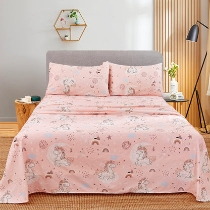 JSD Pink Moon Unicorn Kids Sheet Set Twin 3 Piece, Cute Printed Microfiber Bed Sheets for Girls Deep Pocket