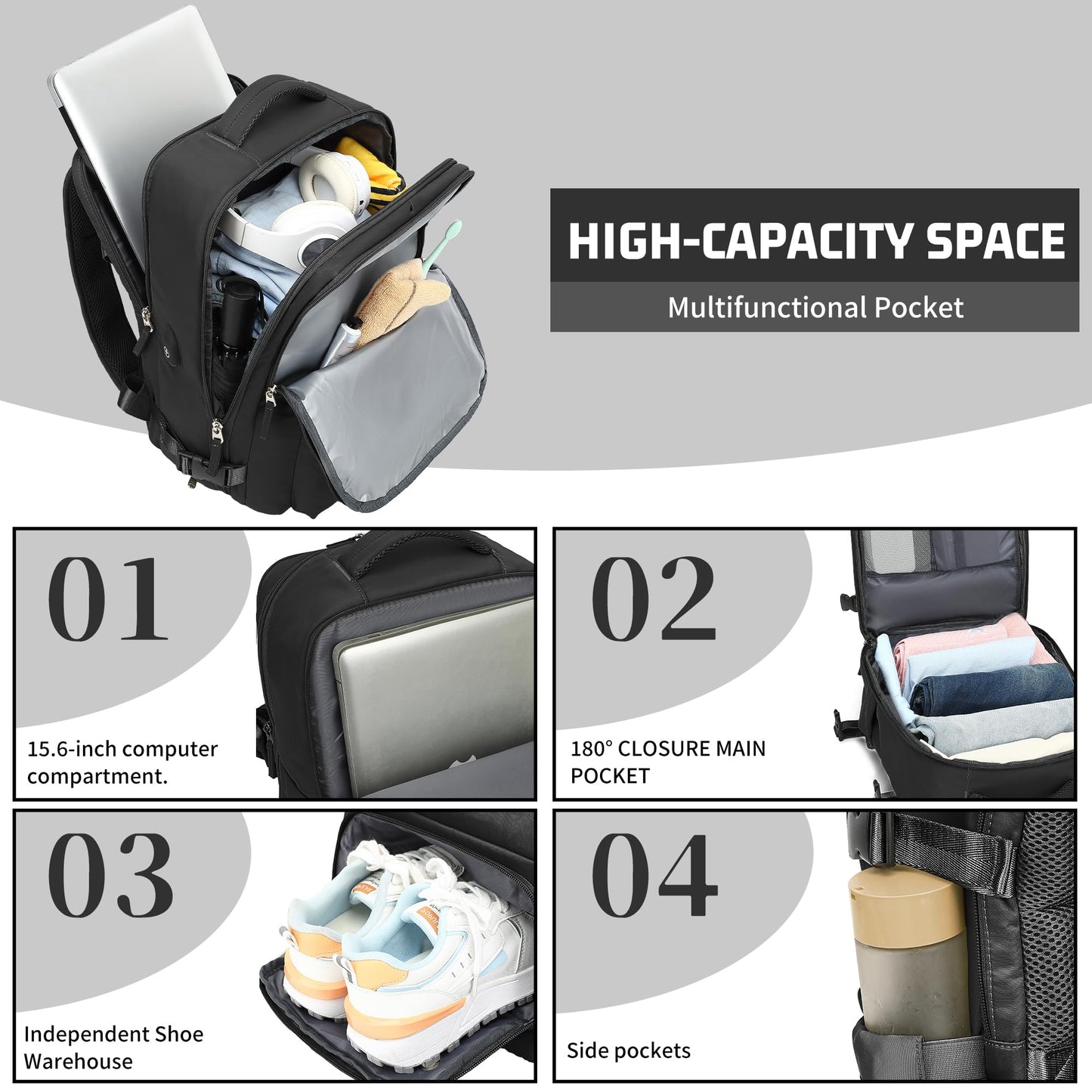 Carry on Backpack for Women Men, Travel Backpack with Shoe Compartment & Wet Pocket, College Business Laptops Backpack with USB Charging Port Waterproof Casual Daypack Luggage for Sports Travel, Black