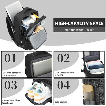 Carry on Backpack for Women Men, Travel Backpack with Shoe Compartment & Wet Pocket, College Business Laptops Backpack with USB Charging Port Waterproof Casual Daypack Luggage for Sports Travel, Black