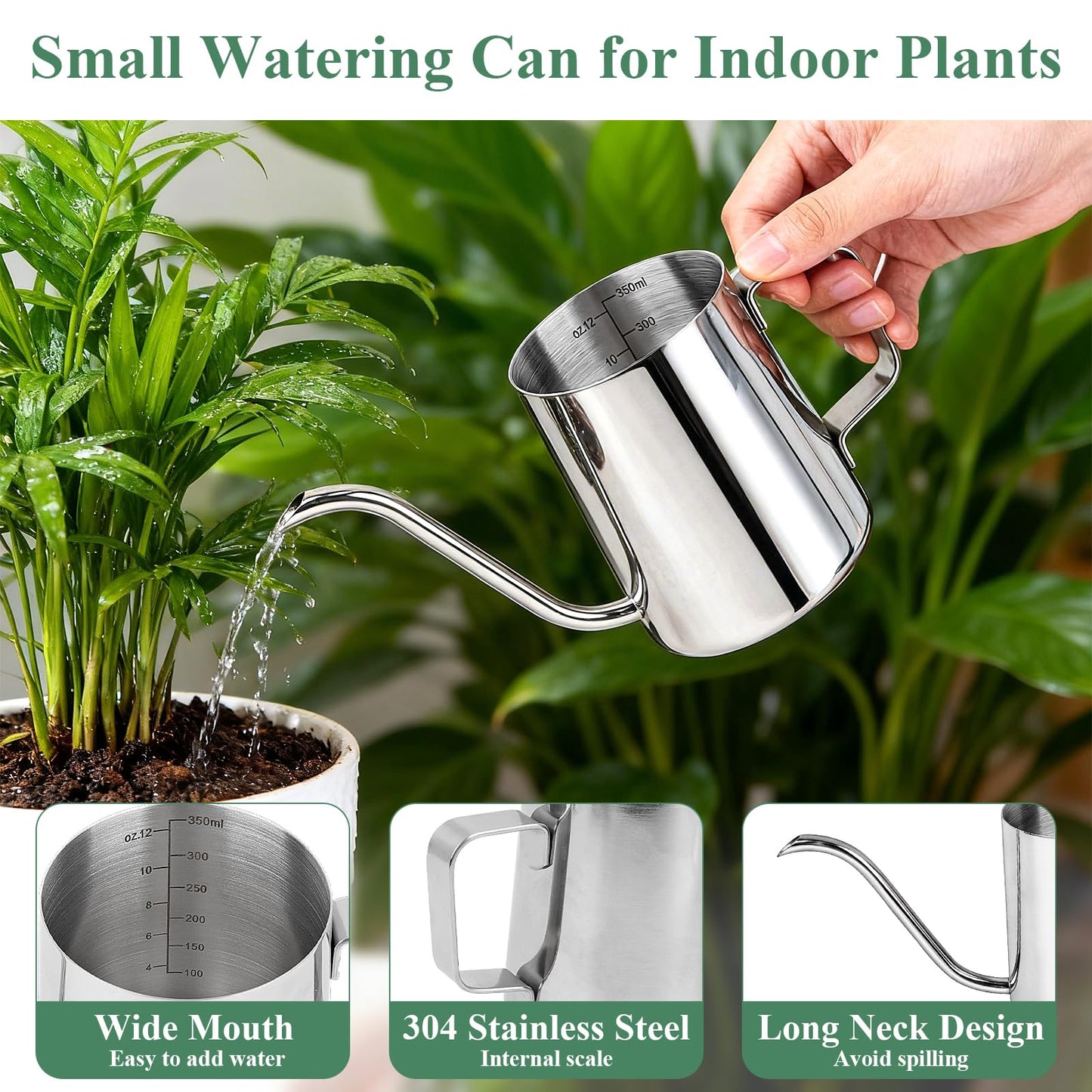 Boocalny 3Pcs Watering Can Indoor Plants Set,350ml Stainless Steel Long Spout Plant Watering Pot & 250ml Squeeze Bottle& 500ml Mist Spray Bottle,Mini Indoor Watering Can for House Garden Potted Flower
