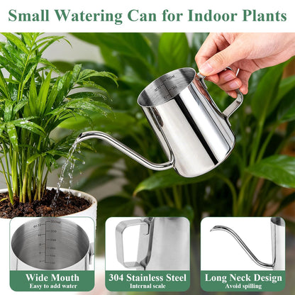 Boocalny 3Pcs Watering Can Indoor Plants Set,350ml Stainless Steel Long Spout Plant Watering Pot & 250ml Squeeze Bottle& 500ml Mist Spray Bottle,Mini Indoor Watering Can for House Garden Potted Flower