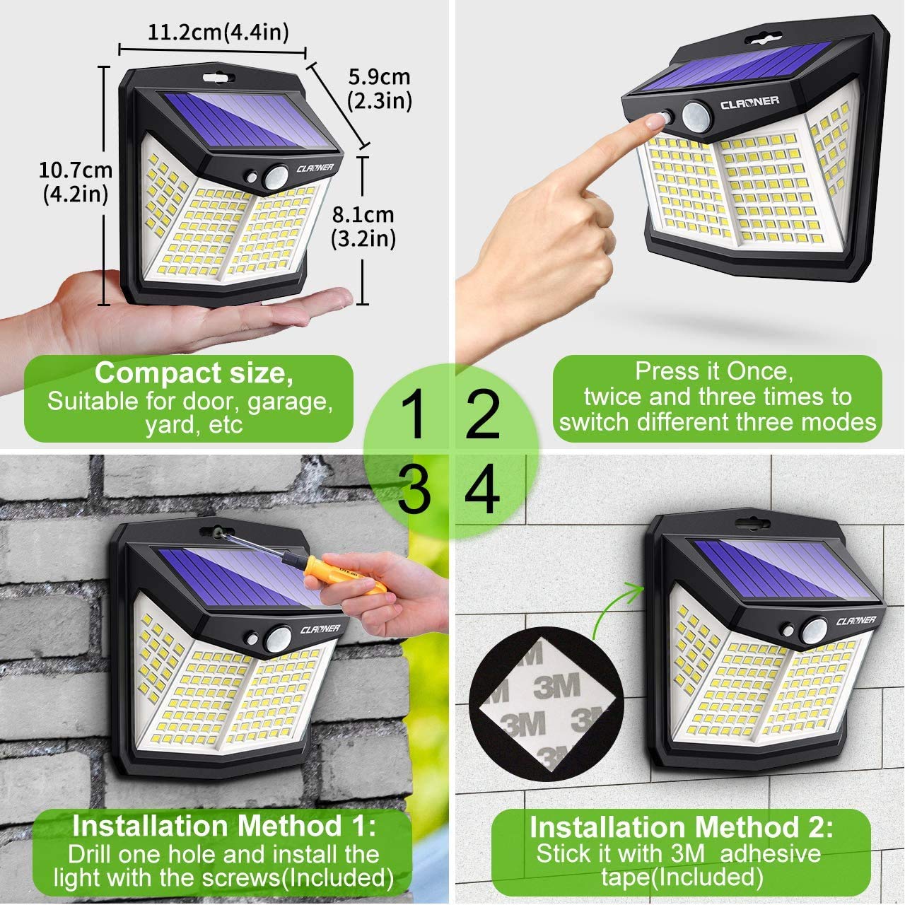 CLAONER Solar Lights Outdoor [128 LED/3 Modes], Solar Motion Sensor Security Lights IP65 Waterproof Durable Solar Powered Deck Lights 270°Lighting Angle for Yard Pathway Garage