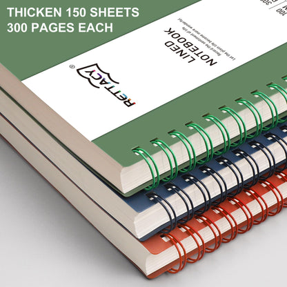 RETTACY Spiral College Ruled Notebook, 300 Pages, A4 Large Size (21 x 28 cm), for School, Work, Journaling, 100 GSM Thick Paper, Flexible Plastic Cover (Dark Green)
