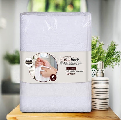 Utopia Towels 6 Pack Premium Hand Towels, 16 by 28 inches, 100% Ring Spun Cotton, Soft and Absorbent 600 GSM Towels for Bathroom, Gym, and Hotel, White