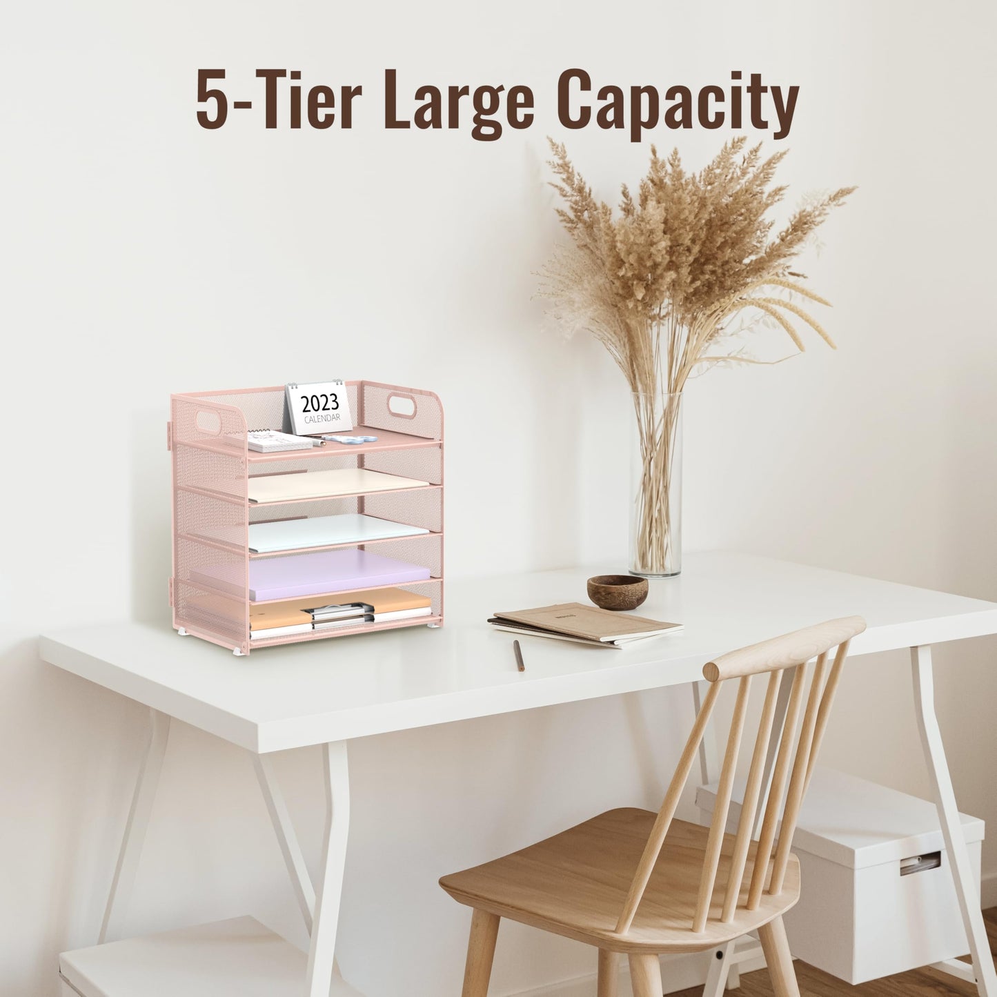 Supeasy 5 Trays Paper Organizer Letter Tray with Handle-Mesh Desk File Organizer, Paper Sorter for Office, Home or School, Pink