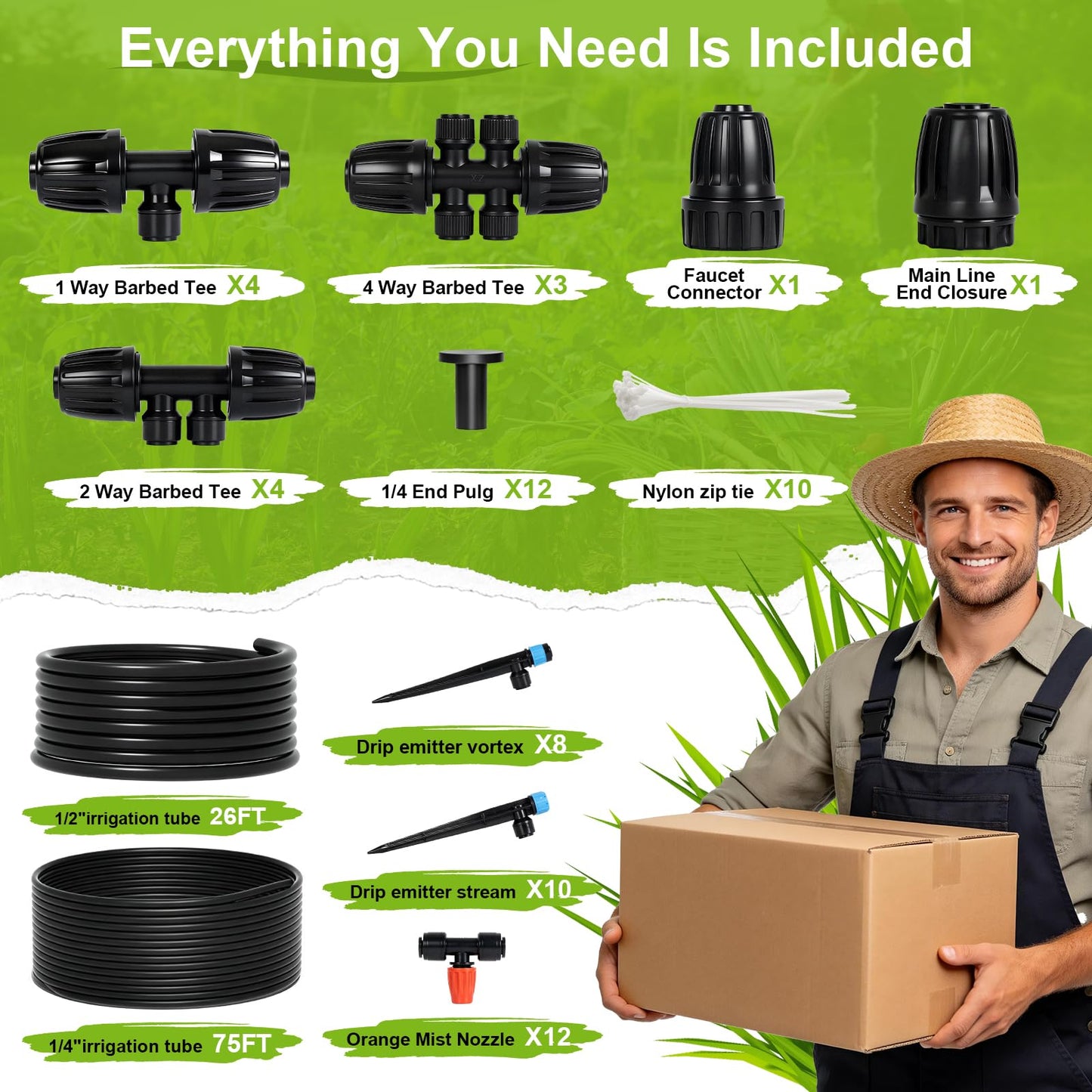 100FT Quick-Connect Drip Irrigation Kit, Automatic Garden Watering System with 1/2" & 1/4", 3 Adjustable Sprayers (Vortex, Stream, Mist), Barbed Tees for Raised Beds, Greenhouse, Patio, Potted Plants