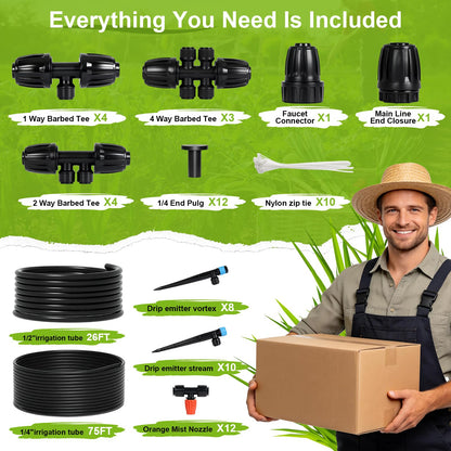 100FT Quick-Connect Drip Irrigation Kit, Automatic Garden Watering System with 1/2" & 1/4", 3 Adjustable Sprayers (Vortex, Stream, Mist), Barbed Tees for Raised Beds, Greenhouse, Patio, Potted Plants