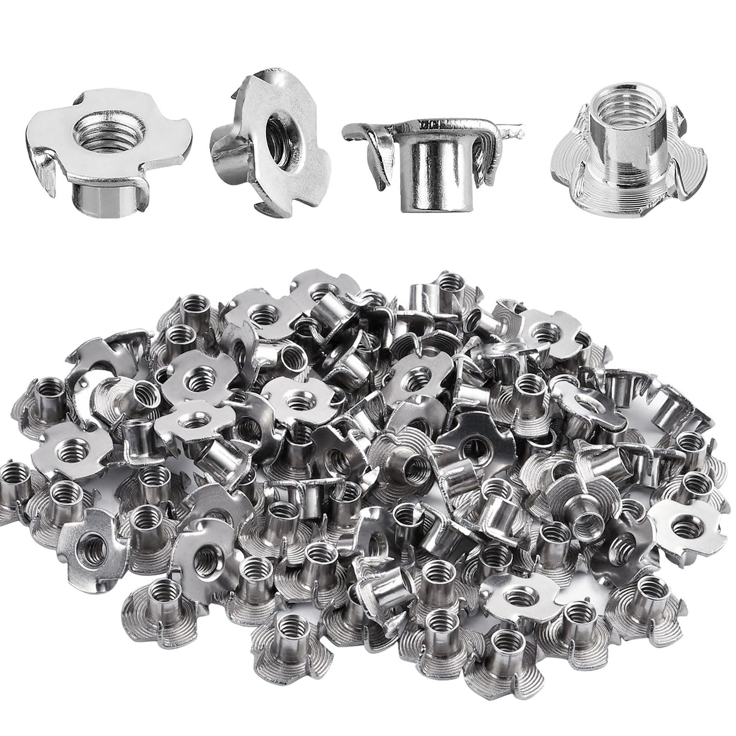 Akamino 100 Pack 1/4"-20 T-nut, 304 Stainless Steel Threaded Insert, 4-Pronged Tee Nut for Wood,Rock Climbing Holds,Cabinetry,Furniture