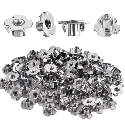 Akamino 100 Pack 1/4"-20 T-nut, 304 Stainless Steel Threaded Insert, 4-Pronged Tee Nut for Wood,Rock Climbing Holds,Cabinetry,Furniture