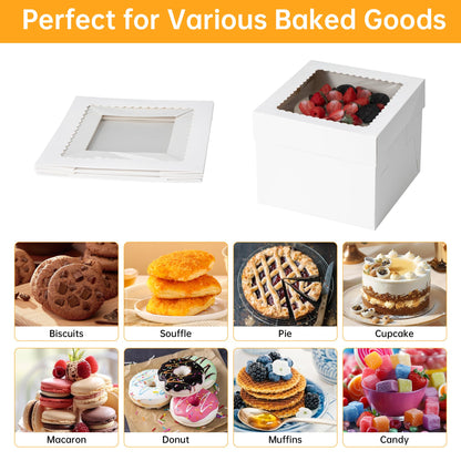 T-Language Cake Boxes and Boards Set (10 boxes & 10 boards) - 10x10x8 Inches White Bakery Boxes with Stickers, Red Ribbons for Multi-Layer Cakes and Cake Decorating