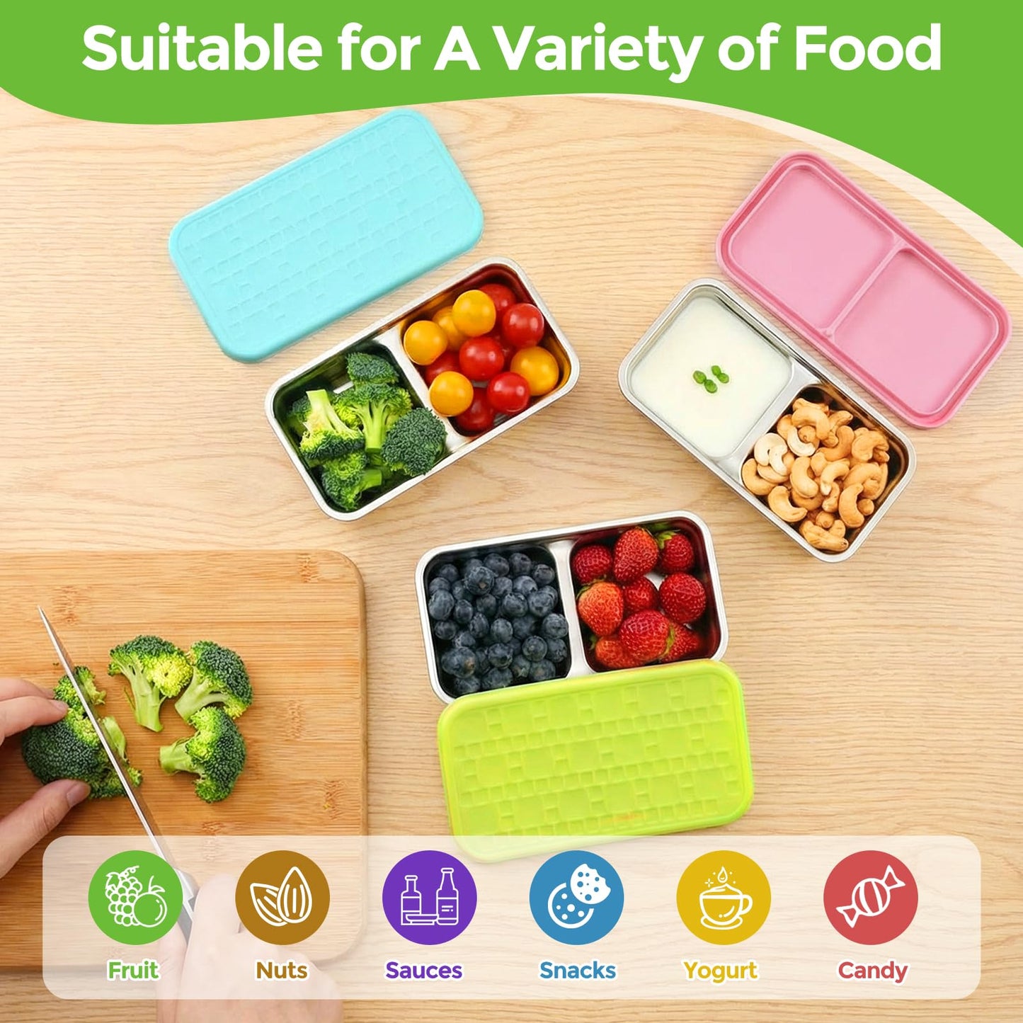 Stainless Steel Snack Containers, Jrisbo 3-Pack Double Compartment Bento Box with Leakproof Silicone Lids, 15oz Small Reusable Food Storage Containers for Lunch Prep, Travel, Camping & Kids
