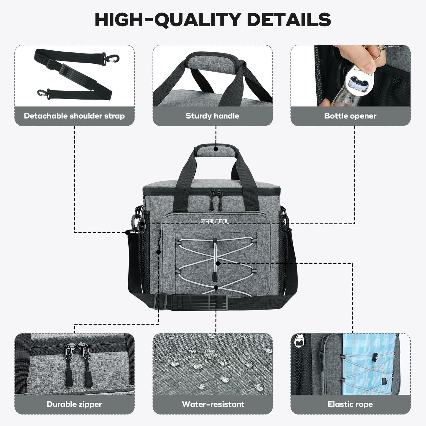 RealCool Soft Cooler Bag 35/45Can, Collapsible Cooler Insulated Leak Proof, Large Lunch Box for Men Women, Soft-Sided Cooler for Picnic, Grocery, Beach, Camping, Travel (gray-35can)