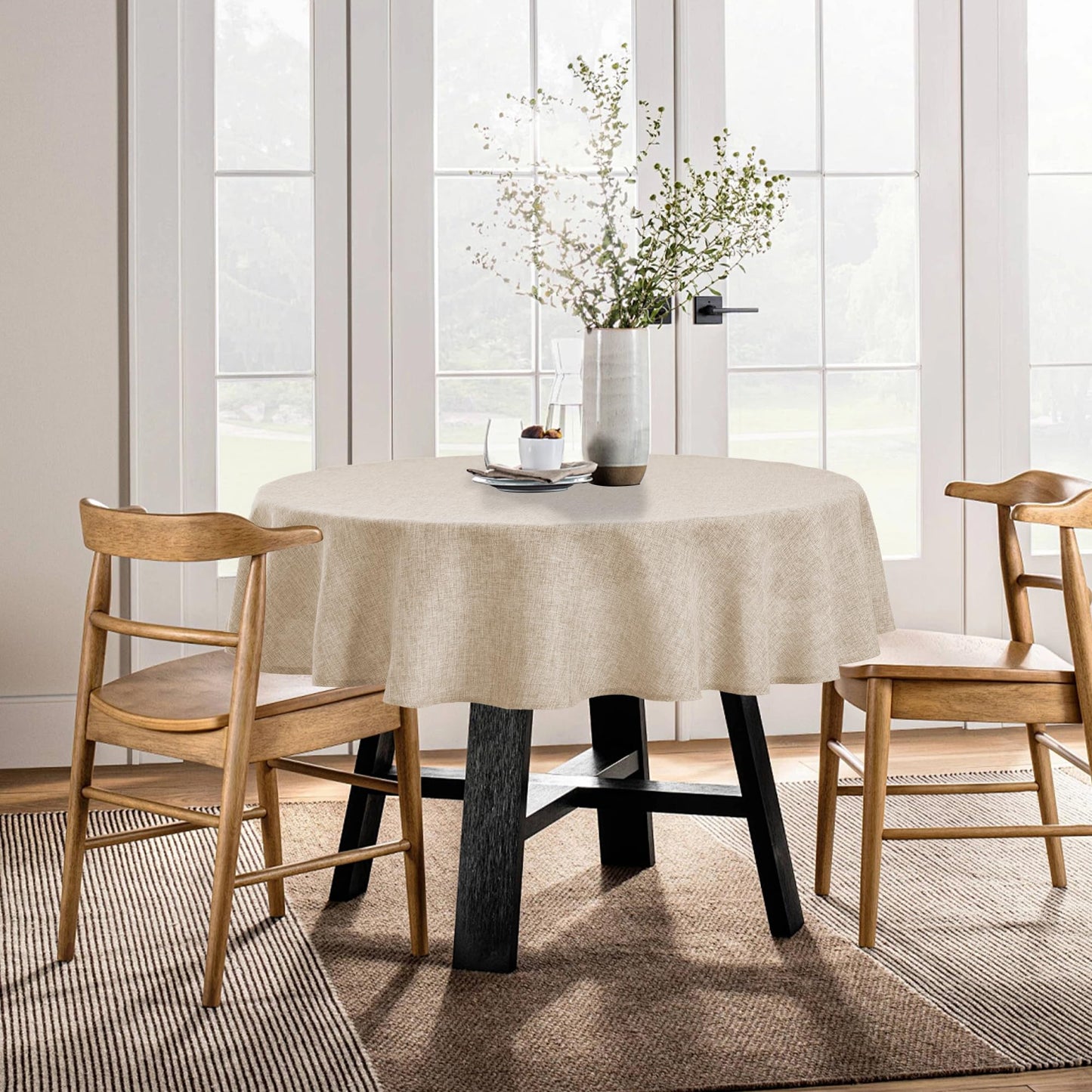 XWZO Faux Linen Round Tablecloth Wrinkle Free Stain Resistant Spillproof Washable Table Cloth for Kichen and Dinning Room Rustic Farmhouse Style Table Cover, Beige,60 inch, Round