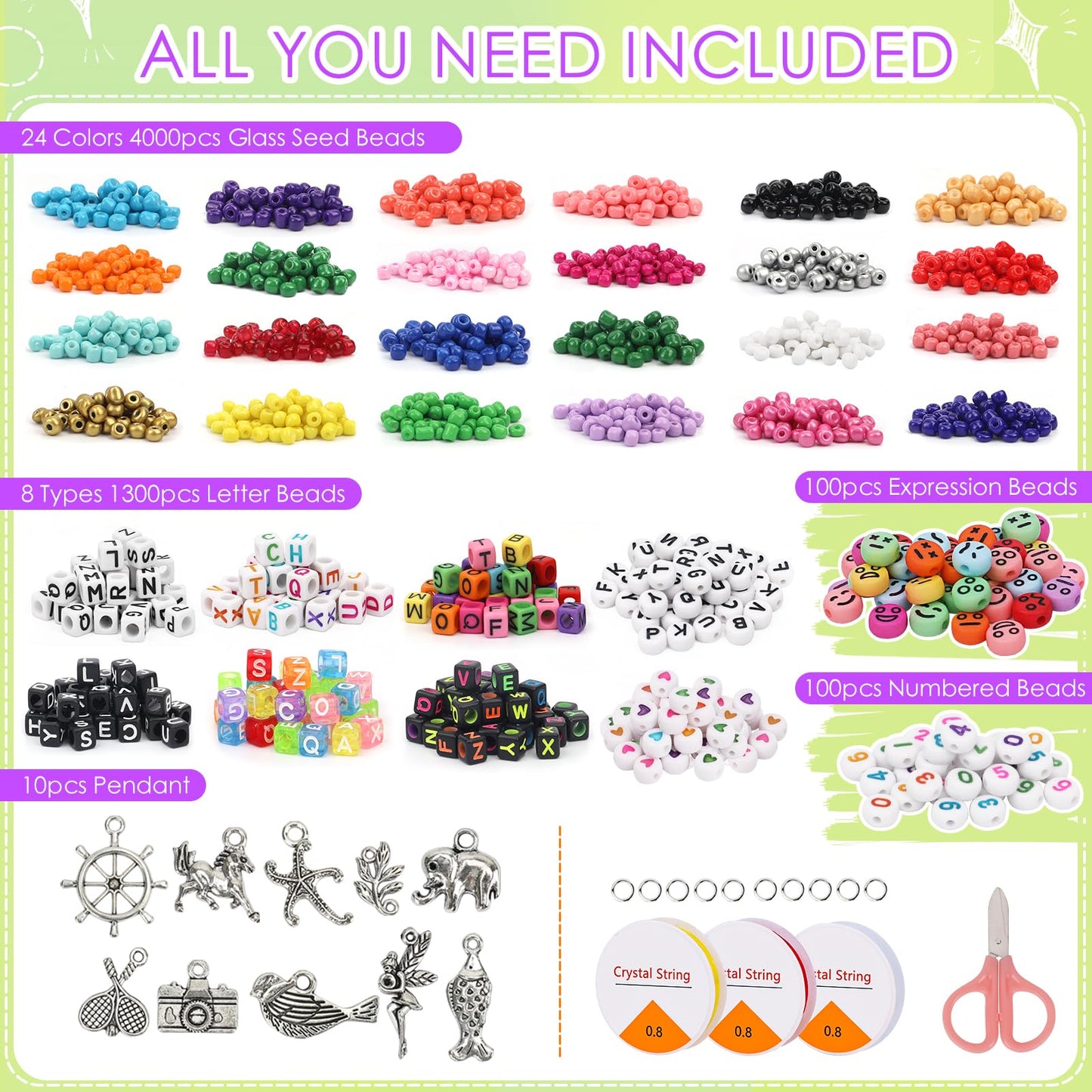 5500pcs Bracelet Making Kit,4 mm Glass Seed Beads and Letter Alphabet,Expression beads, number beads and other Craft Beads, For friendship bracelets, necklaces, key chains