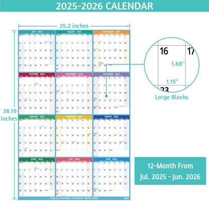 Yearly Wall Calendar 2025-2026 - Large Yearly Calendar Vertical, Jul 2025 - Jun 2026, 25.2" x 38.2" (Open), Calendar 2025-2026, Large Wall Calendar, Full Year Paper Calendar with Notes, Thicker Paper