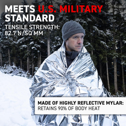 72 HRS (Pack of 12) MIL-SPEC 137 × 224 cm Emergency Blanket-Mylar Blanket, Thermal Blanket Emergency, Waterproof, Retains 90% Body Heat for Winter Camping, Hiking, First Aid, Extreme Weather