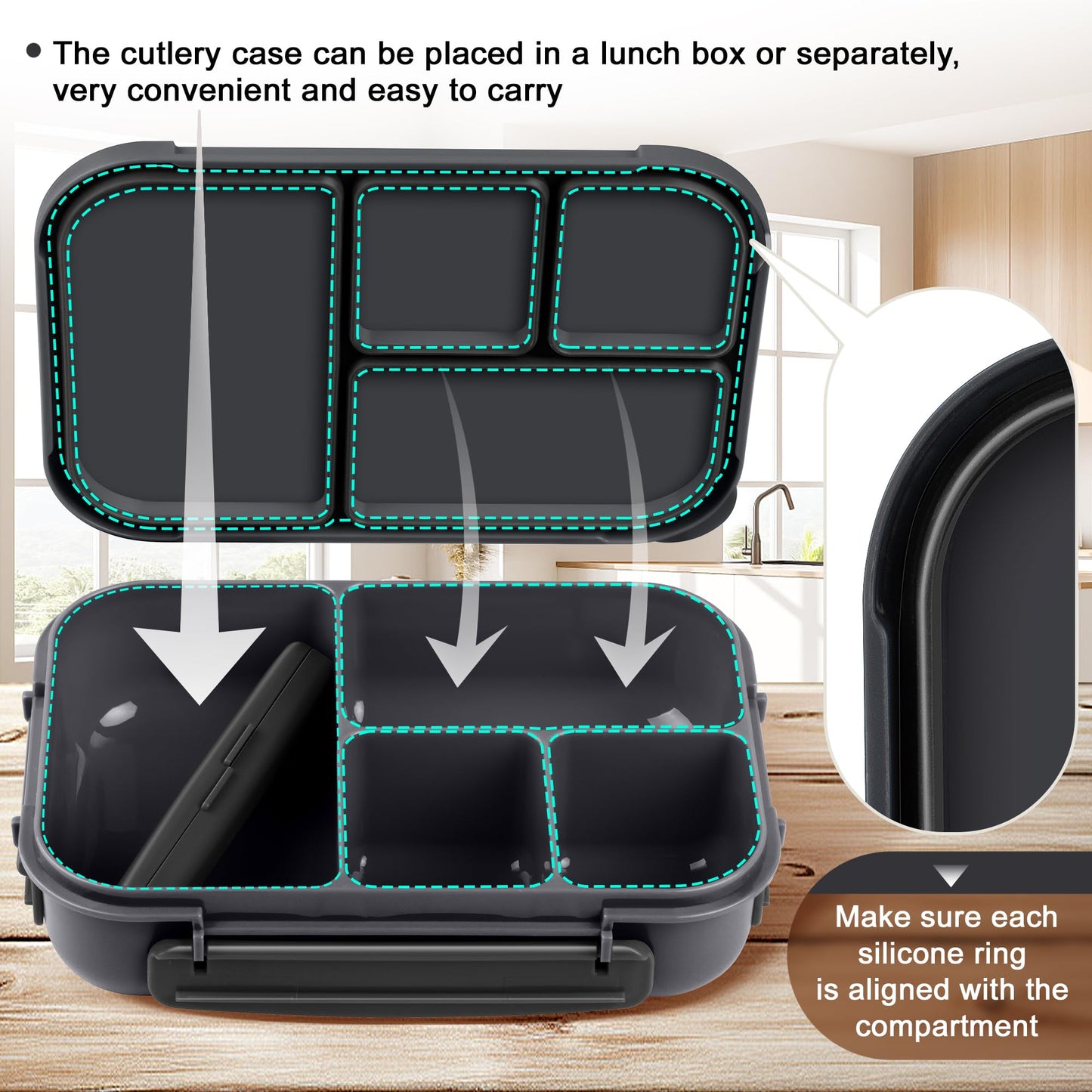 Amathley Lunch Box Kids,Bento Box Adult Lunch Box,Leakproof Lunch Containers for Adults/Kids/Toddler,1200ML-4 Compartments bento Lunch box with Utensil,Microwave & Dishwasher Safe(Dark Gray)