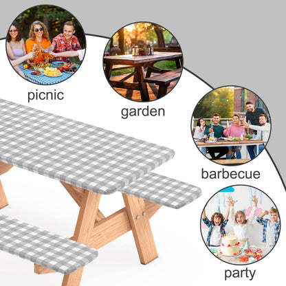 BOUBONI 3 Pcs Set Fitted Picnic Table Cover with Bench Covers and Bag Vinyl Camping Table Cloth Flannel Backing Picnic Table Cloth for 6ft Tables Camping Outdoor (Gray Checked, 30 x 72 Inches)