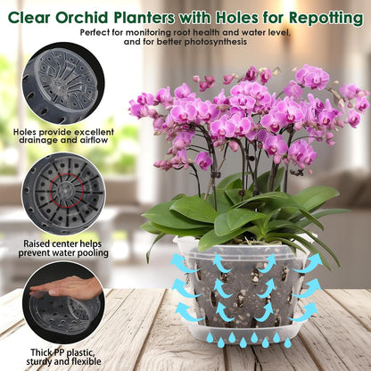 12 Orchid Pots with Holes and Saucers for Repotting, 4" 5" 5.6" 6" Clear Orchid Pot with Green Orchid Stick Clip, Breathable Slotted Plastic Orchid Planter with Drainage for Root Health Indoor Outdoor