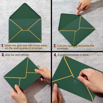 WEZCHUGHAOL 50 Pcs Invitation Envelopes, V-Flap Envelopes Mailing Card Envelopes, Quick Seal Envelopes with Gold Border for Birthday, Weddings, Graduations, Greeting Cards (Green, 5 x 7 inch)