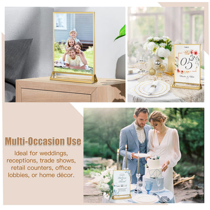 RUITENG 12 Pack Acrylic Sign Holder, 4x6 Clear Gold Frame Display Stand, Double Sided Picture Menu Flyer Holders, Wedding Table Number Frames for Cards Photo Party Decoration (4" x 6")