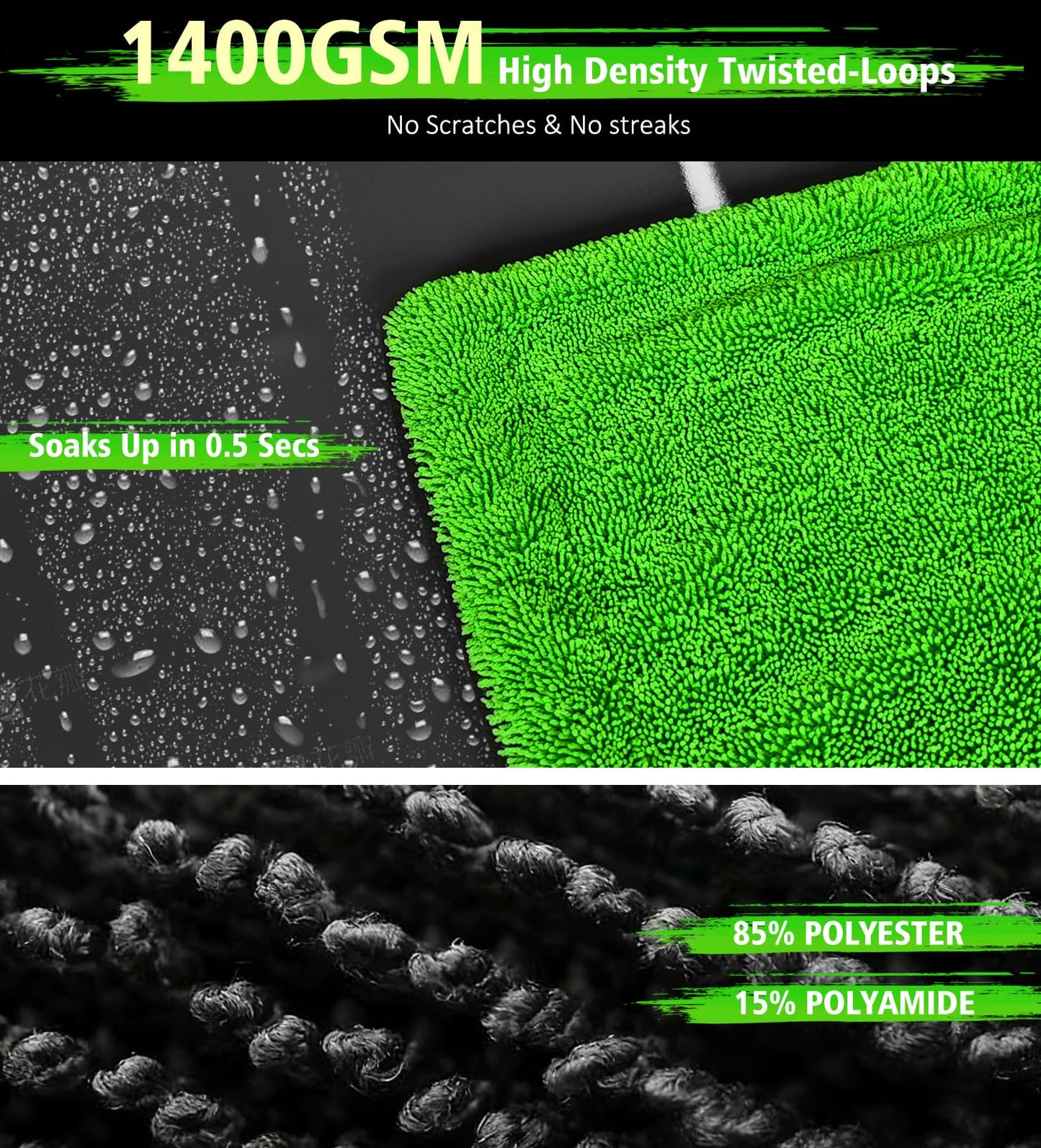 YeewayVeh 36"x28" Car Drying Towel Extra Large, 1400GSM Ultra Absorbent Double-Sided Twisted Loop Microfiber, Scratch-Free & Professional Grade Car Wash Towel for Cars, SUVs, Trucks (Green)
