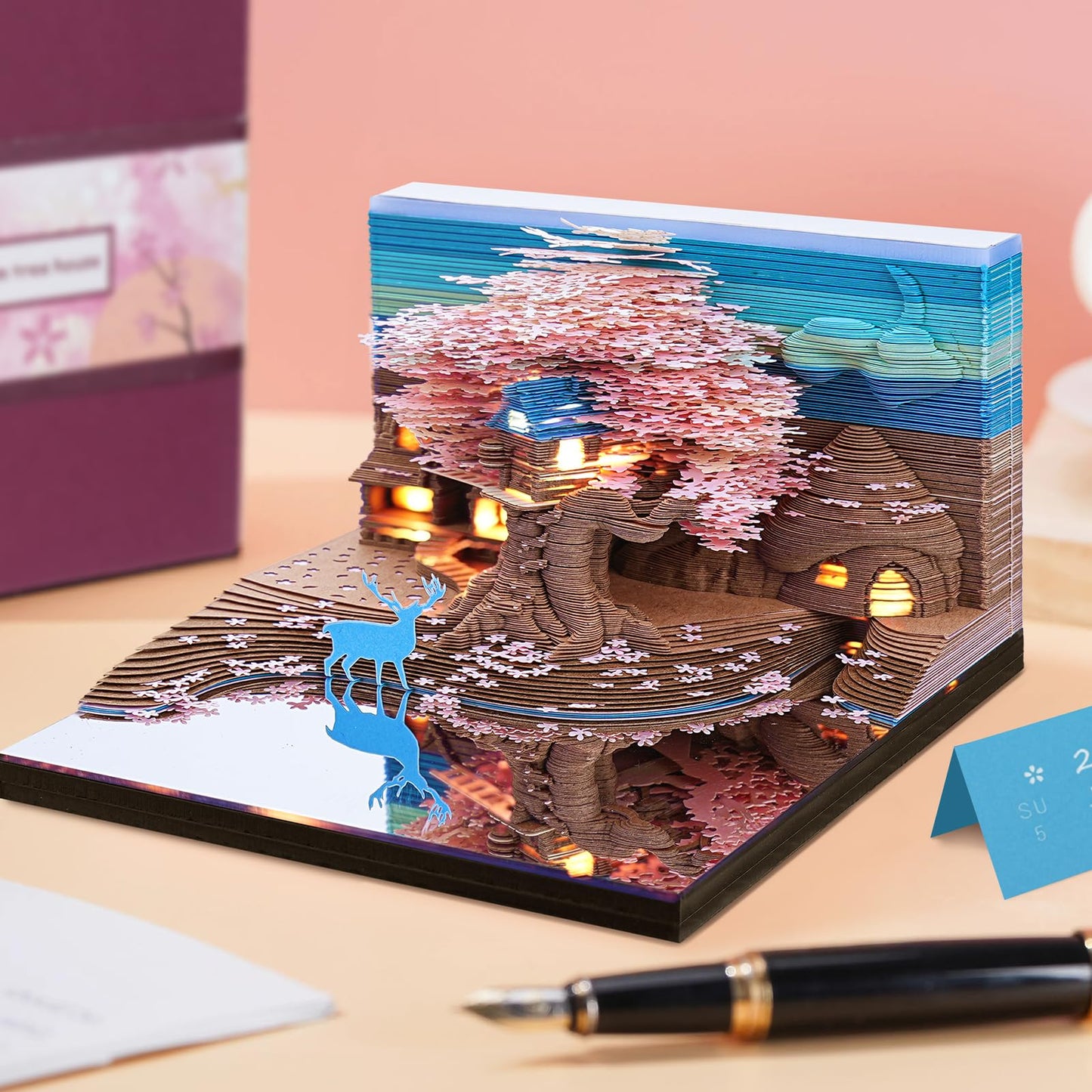 3D Calendar 2026 Memo Pad Time Piece Calendar Elk Sakura Tree House Paper Art Notepad Carving Gift Desk Decor, Art Desk Calendar DIY Notes with LED Lights/Case, Craft Sculpture Home Office Decoration