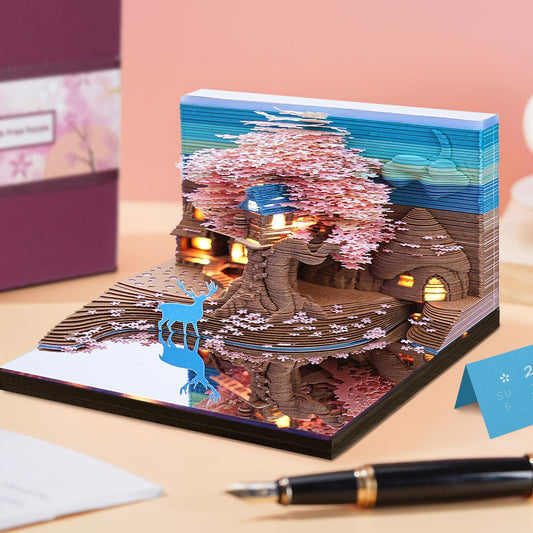 3D Calendar 2026 Memo Pad Time Piece Calendar Elk Sakura Tree House Paper Art Notepad Carving Gift Desk Decor, Art Desk Calendar DIY Notes with LED Lights/Case, Craft Sculpture Home Office Decoration