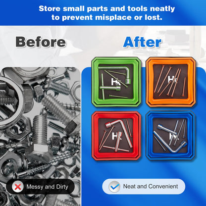 Collapsible Magnetic Trays, 4 Pack Foldable Silicone Magnetic Tool Trays for Small Metal Parts, Bolts, Screws, Nuts, Washers, with Telescoping Magnetic Pick-Up Tool, 4.5in Square