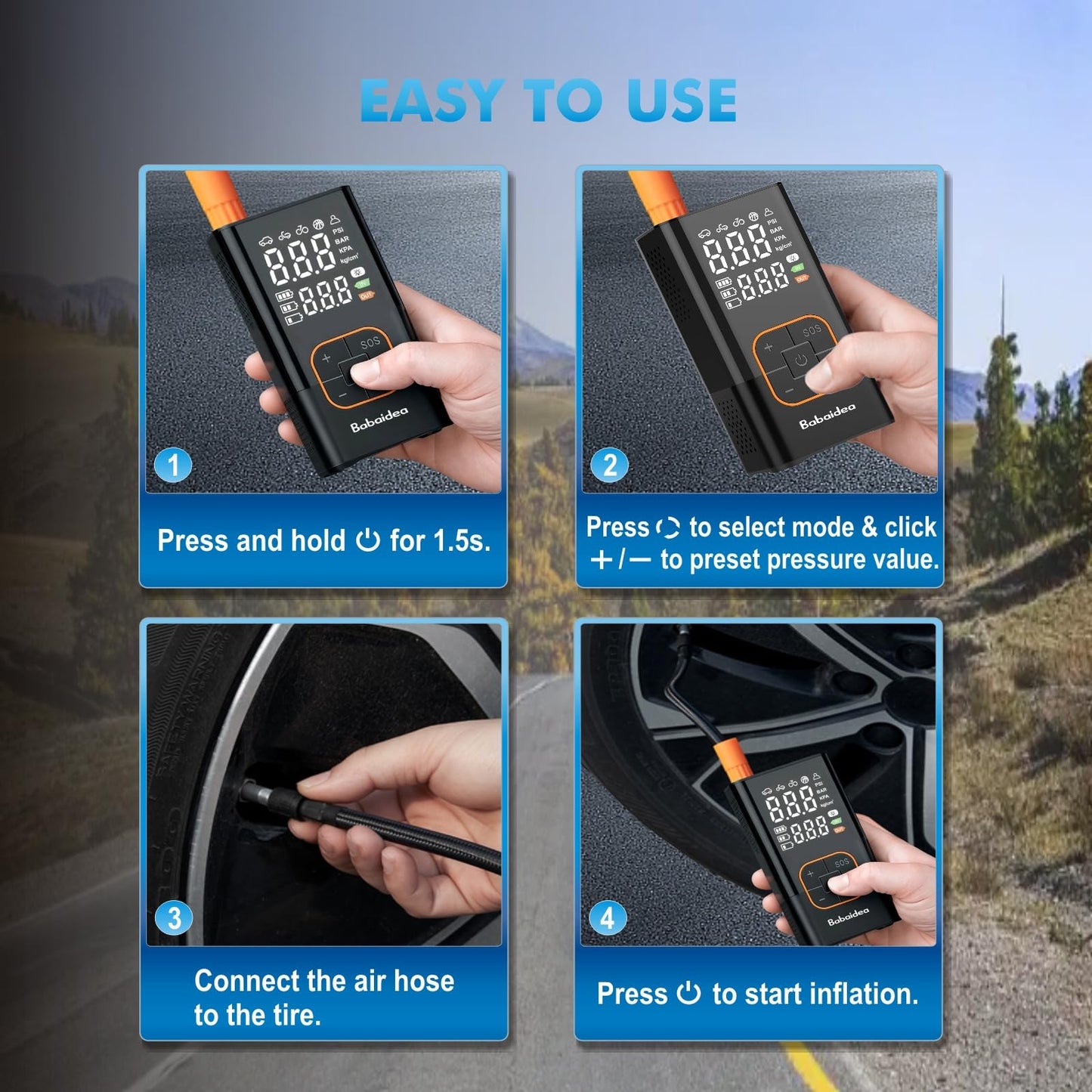 150PSI Tire Inflator Portable,Rechargeable Cordless Mini Air Compressor with Battery,Digital Pressure Gauge Auto Shut Off,LED Light Emergency Pump for Car Motorcycle Bike Tires Balls,DC,2.6*1.9*5.3"
